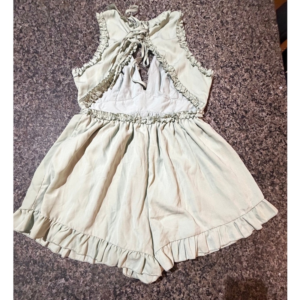 Sage Green‎ Ruffle Trim V-Neck Back Tie Romper Playsuit Women Small